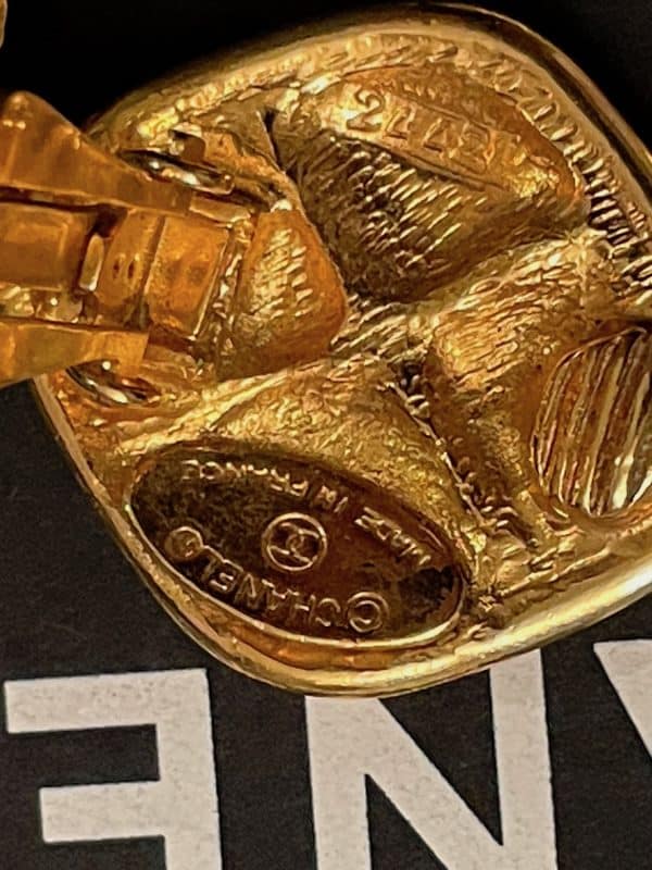 chanel vintage earrings leaf clover chanel paris logo drop dangle clip w/box c.1980s