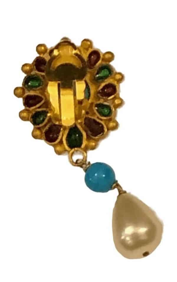 chanel vintage gripoix flower pearl drop earrings turquoise multi w/box c.1993