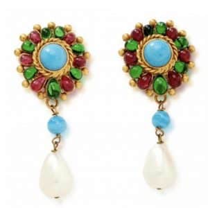 chanel vintage gripoix flower pearl drop earrings turquoise multi w/box c.1993