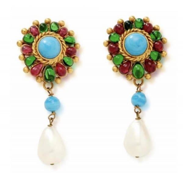 chanel vintage gripoix flower pearl drop earrings turquoise multi w/box c.1993