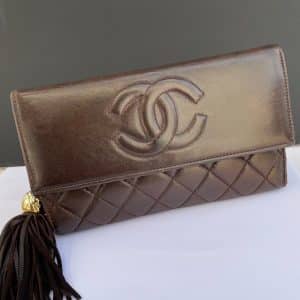 chanel vintage lambskin purse clutch fringe tassel cc logo c. 1990 w/box