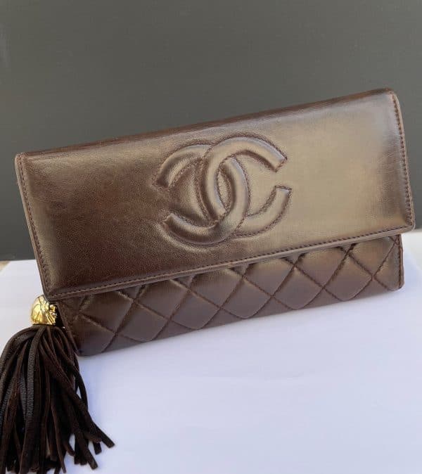 chanel vintage lambskin purse clutch fringe tassel cc logo c. 1990 w/box