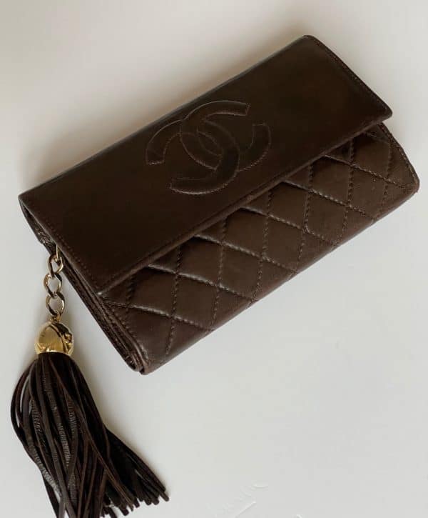 chanel vintage lambskin purse clutch fringe tassel cc logo c. 1990 w/box