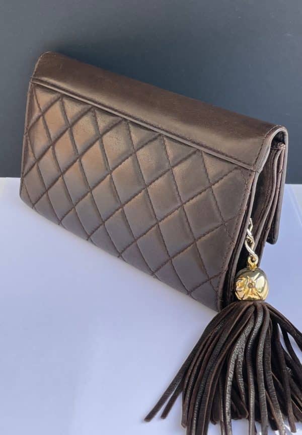 chanel vintage lambskin purse clutch fringe tassel cc logo c. 1990 w/box