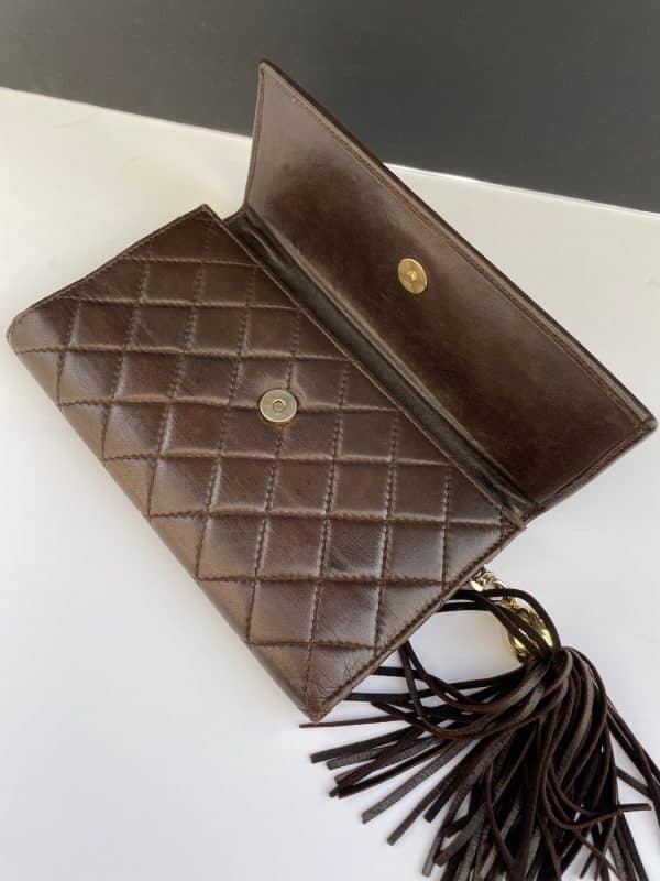 chanel vintage lambskin purse clutch fringe tassel cc logo c. 1990 w/box