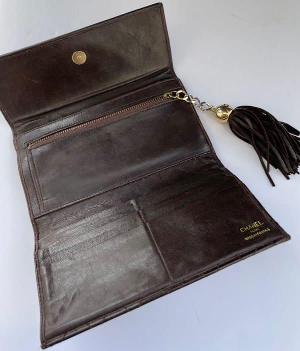 chanel vintage lambskin purse clutch fringe tassel cc logo c. 1990 w/box