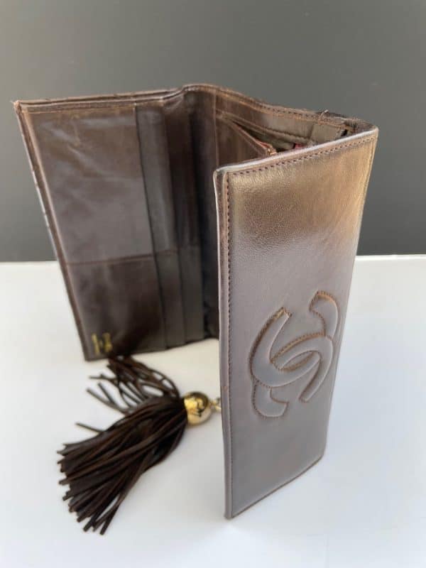 chanel vintage lambskin purse clutch fringe tassel cc logo c. 1990 w/box