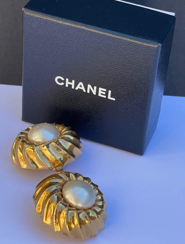 chanel vintage pearl & gold round sphere earrings by coco chanel w/box c.1960s