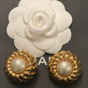 chanel vintage pearl & gold round sphere earrings by coco chanel w/box c.1960s