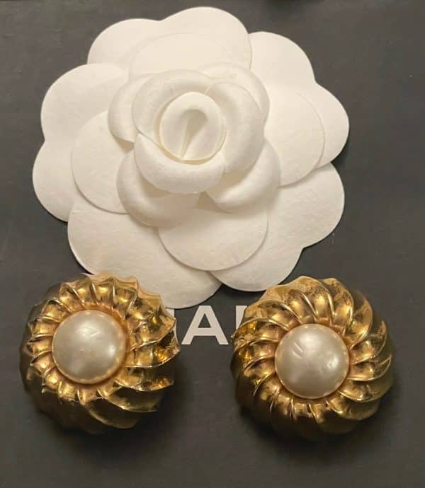 chanel vintage pearl & gold round sphere earrings by coco chanel w/box c.1960s
