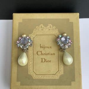 christian dior vintage crystal flower pearl drop dangle earrings rare 1958 w/box