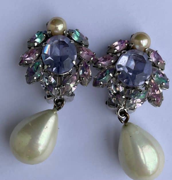 christian dior vintage crystal flower pearl drop dangle earrings rare 1958 w/box