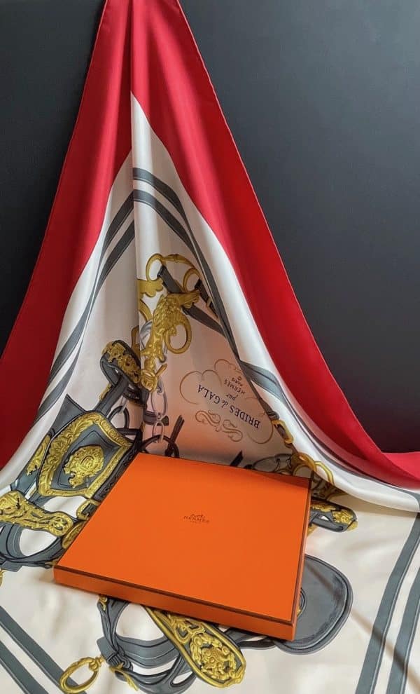 hermÈs vintage silk scarf brides de gala red by hugo grygkar c.1957 w/box