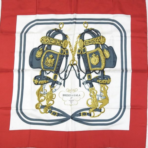 hermÈs vintage silk scarf brides de gala red by hugo grygkar c.1957 w/box