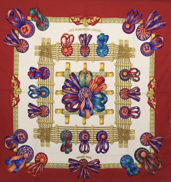hermÈs vintage silk scarf les rubans du cheval red by joachim metz 1993 w/box
