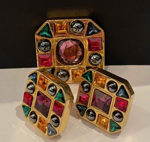 pierre balmain vintage earrings & brooch set multicoloured cabochons rare c.1990s