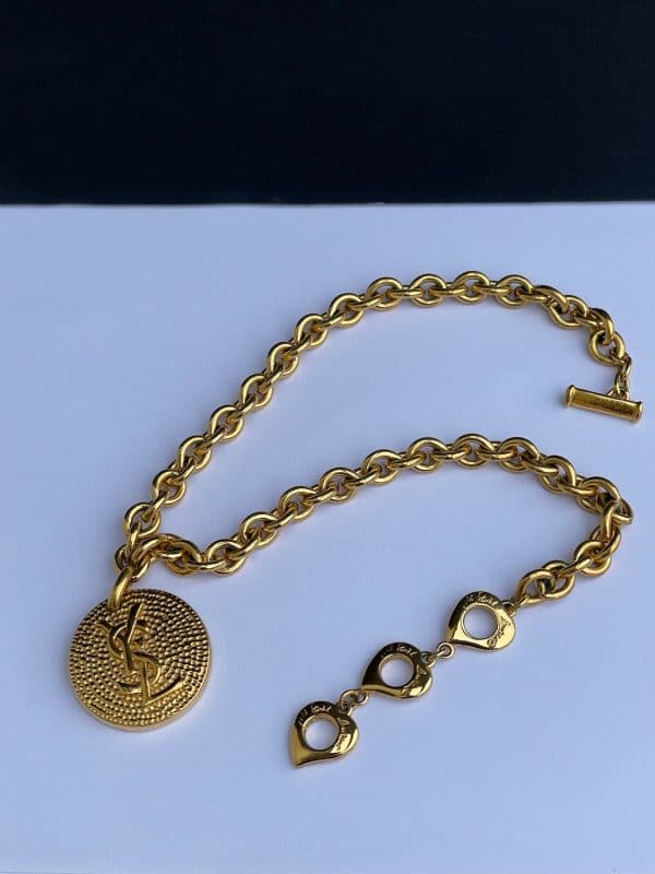 yves saint laurent vintage chain necklace ysl logo pendant medallion & hearts c.1990