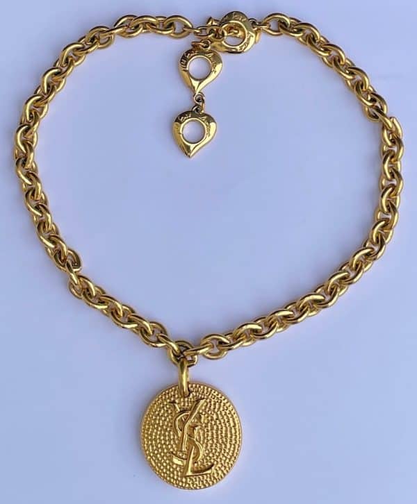 yves saint laurent vintage chain necklace ysl logo pendant medallion & hearts c.1990