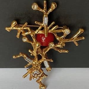 christian lacroix 1990s gold coral branch crystal & red statement brooch