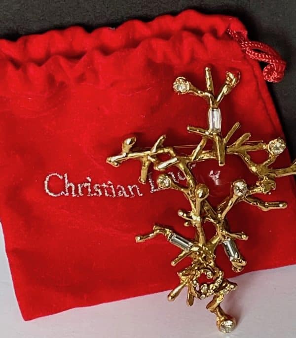 christian lacroix 1990s gold coral branch crystal & red statement brooch