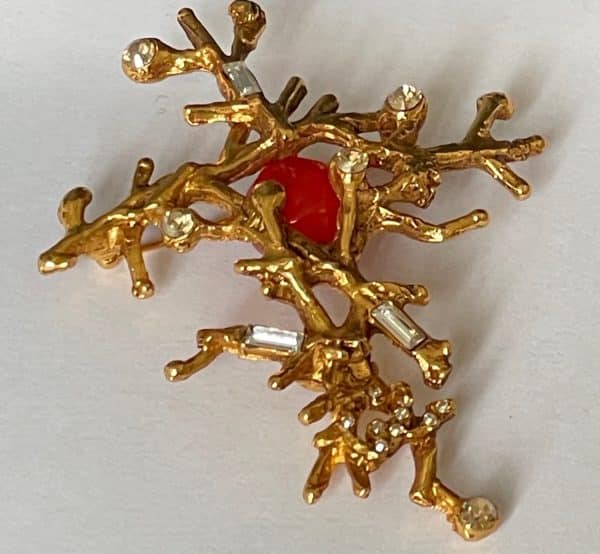 christian lacroix 1990s gold coral branch crystal & red statement brooch