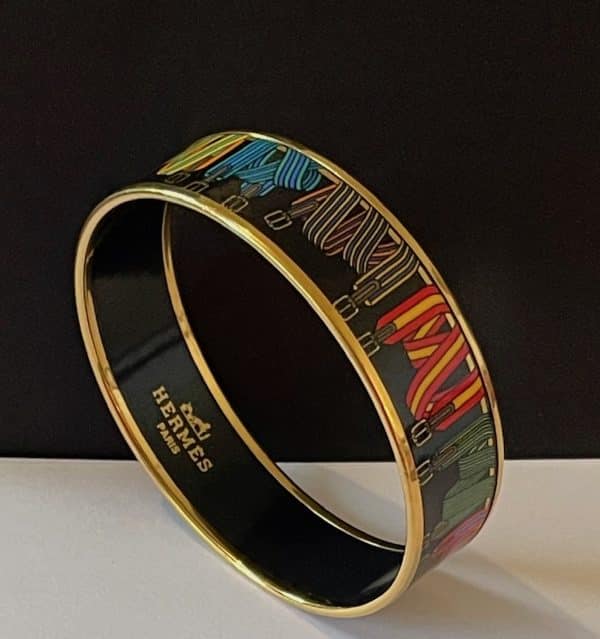 hermÈs 1976 large bracelet multi "sangles straps' print 18k gold plated vintage w/box