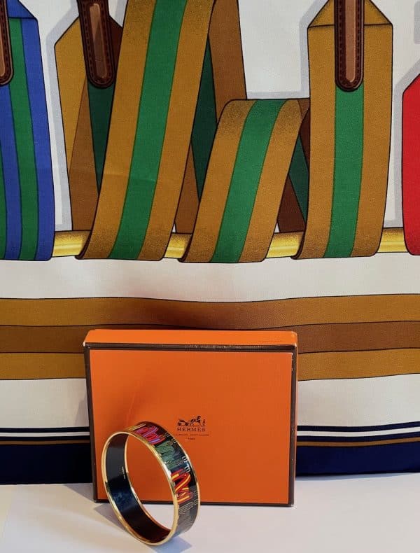 hermÈs 1976 large bracelet multi "les sangles" straps print 18k gold plated vintage w/box