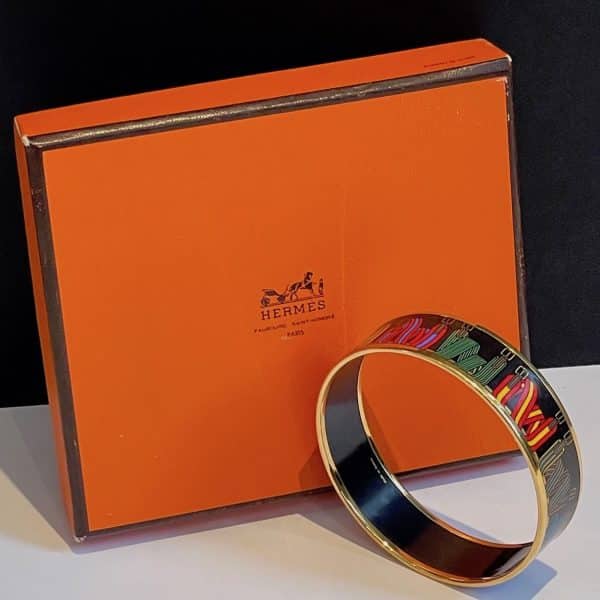 hermÈs 1976 large bracelet multi "les sangles" straps print 18k gold plated vintage w/box