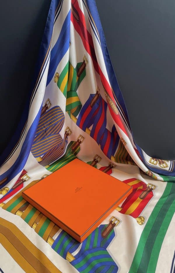 hermÈs vintage silk scarf les sangles by joachim metz 1985 w/box