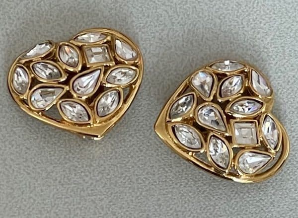 yves saint laurent haute couture heart shaped crystals & gold earrings by robert goossens 1983
