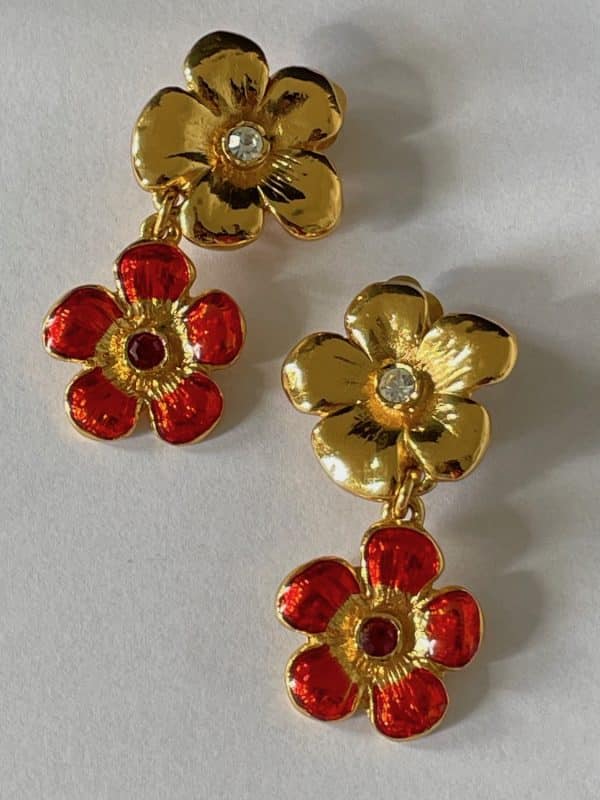 yves saint laurent ysl vintage drop pendant flower gold & red earrings 1980