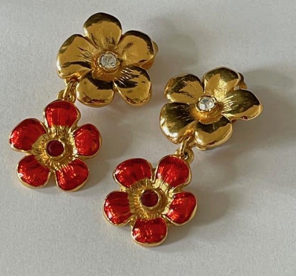yves saint laurent ysl vintage drop pendant flower gold & red earrings 1980