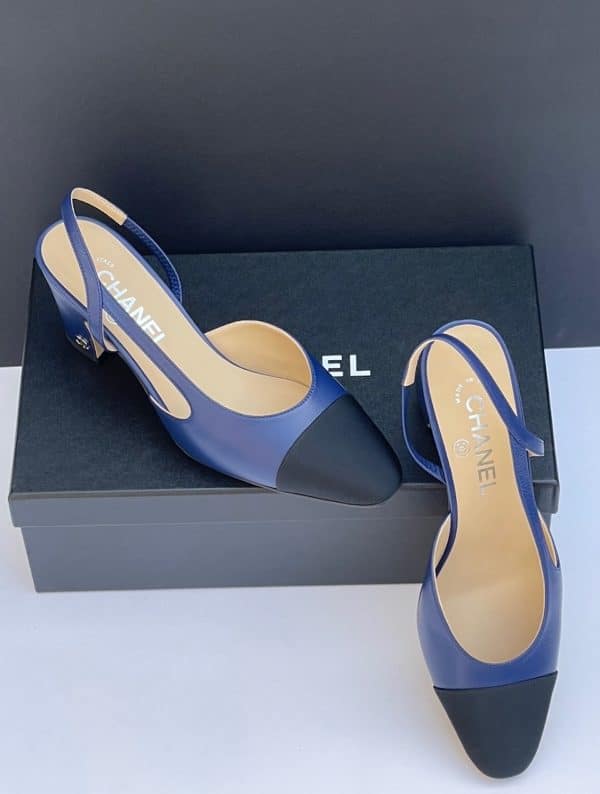 chanel slingback lambskin & grosgrain navy blue & black