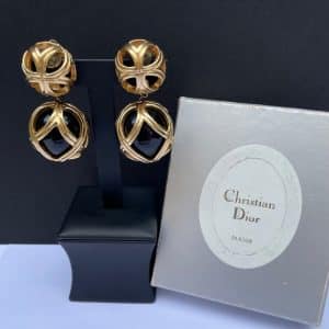 christian dior vintage drop dangling sphere ball earrings gold black c.1980