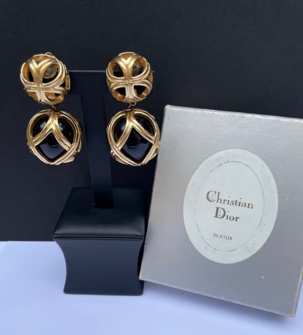 christian dior vintage drop dangling sphere ball earrings gold black c.1980