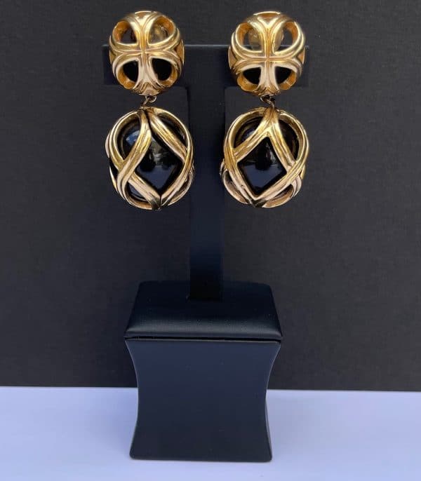 christian dior vintage drop dangling sphere ball earrings gold black c.1980