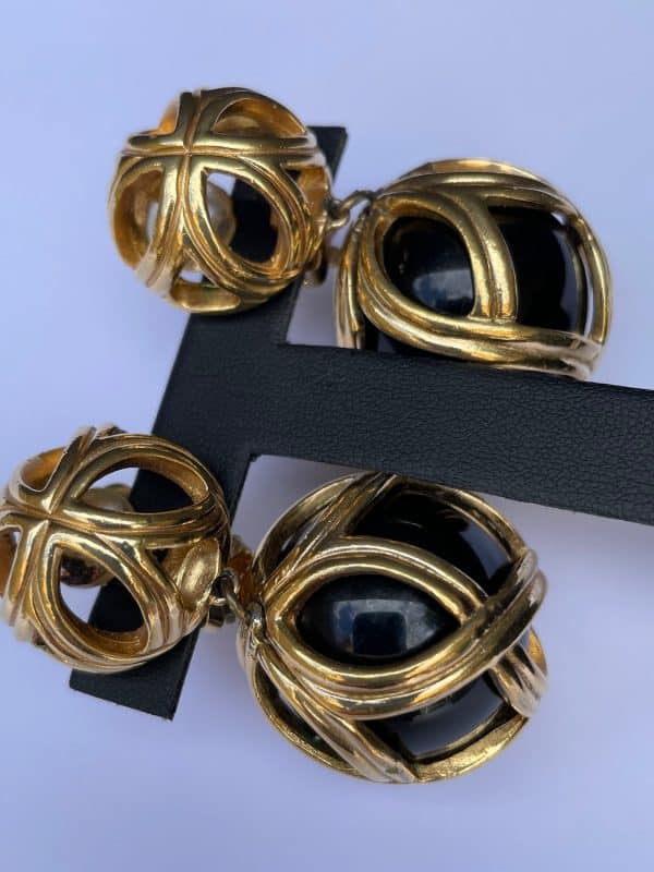 christian dior vintage drop dangling sphere ball earrings gold black c.1980