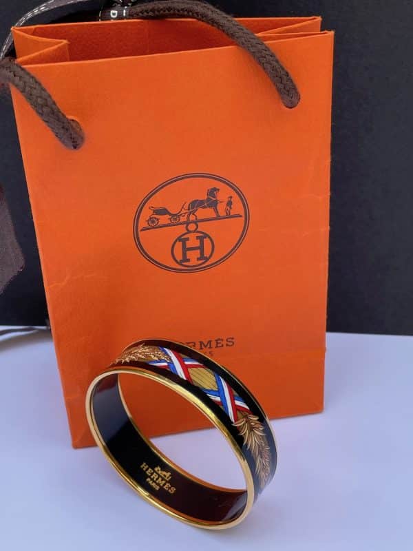 hermÈs 1970s printed blue white red enamel gold tone bangle bracelet 18k vintage