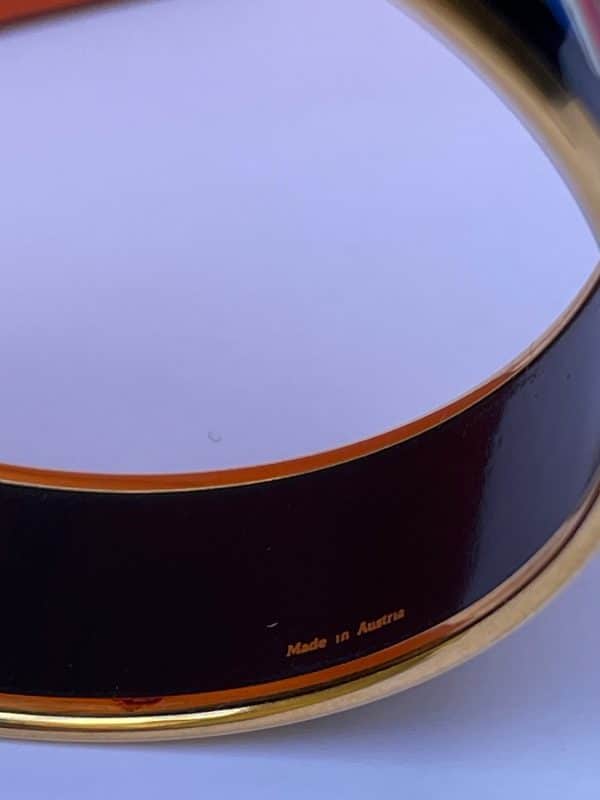 hermÈs 1970s printed blue white red enamel gold tone bangle bracelet 18k vintage