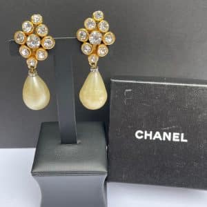 chanel vintage baroque pearl drop & lozenge diamente cabochons earrings c.1971 w/box
