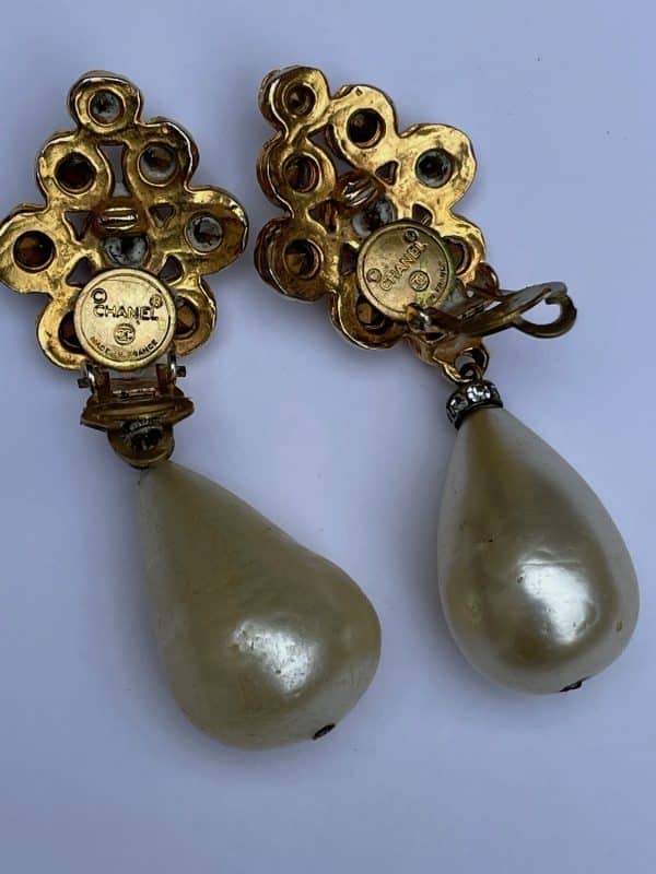 chanel vintage baroque pearl drop & lozenge diamente cabochons earrings c.1971 w/box