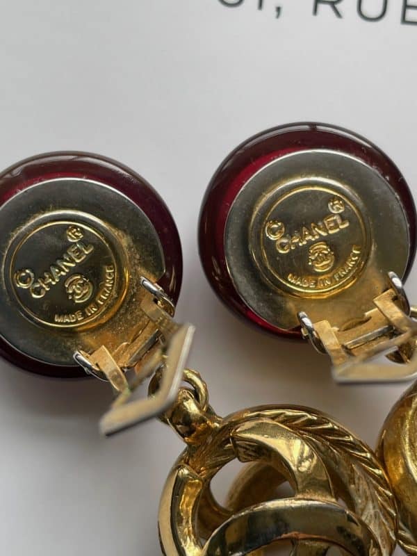 chanel vintage ruby gripoix drop earrings cc logo gold sphere c.1970s w/box