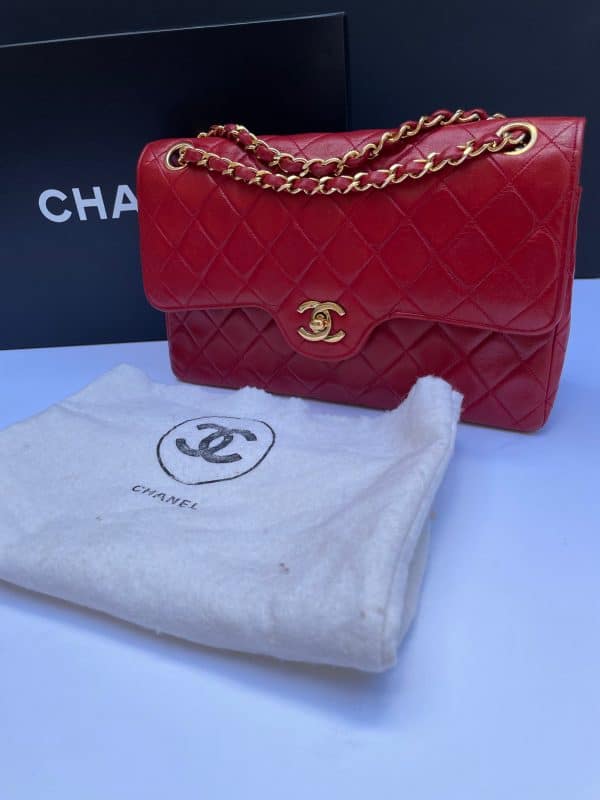 chanel vintage timeless classic red quilted double flap leather shoulder bag 1985 w/box