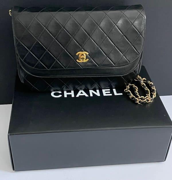 chanel vintage timeless quilted double flap leather shoulder black bag c.1980s w/box