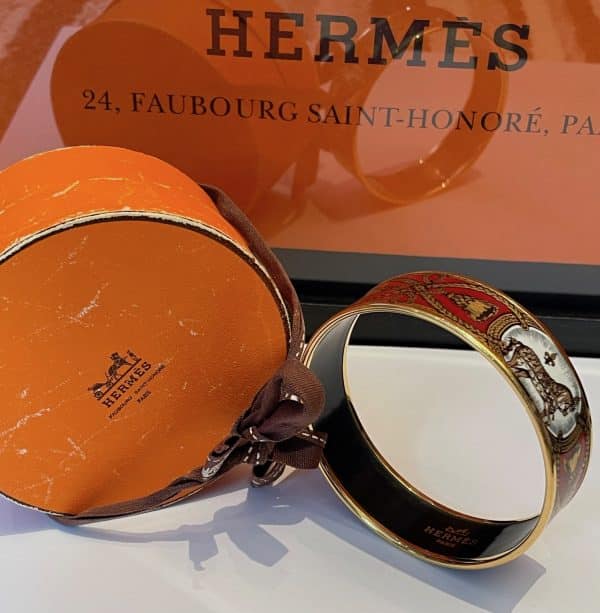 hermÈs 1970s large bracelet multi "grand apparat" horse prints 18k gold plated vintage w/box