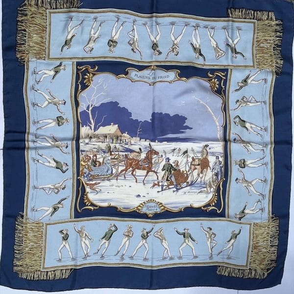hermÈs vintage silk scarf les plaisirs du froid by hugo grygkar 1955 w/box
