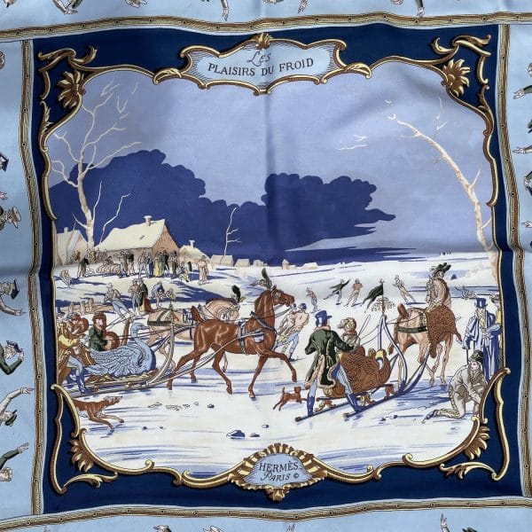 hermÈs vintage silk scarf les plaisirs du froid by hugo grygkar 1955 w/box