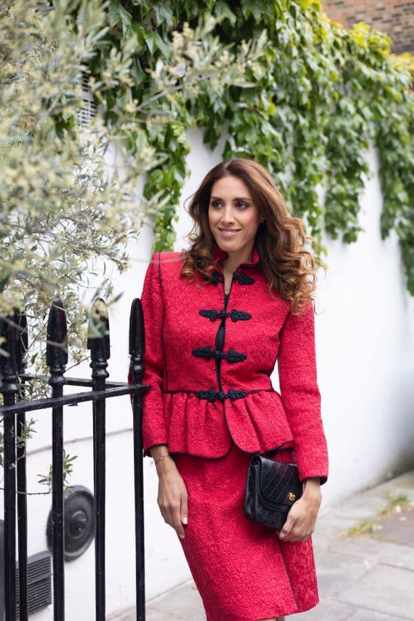 yves saint laurent brocade jacket skirt red suit "les chinoises" collection 1977