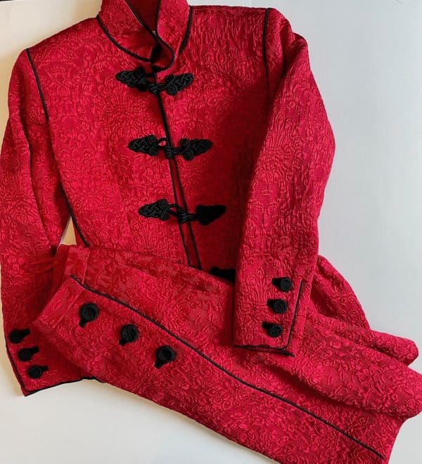 yves saint laurent brocade jacket skirt red suit "les chinoises" collection 1990