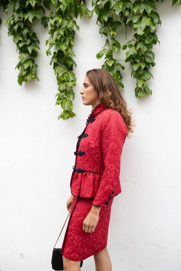 yves saint laurent brocade jacket skirt red suit "les chinoises" collection 1990